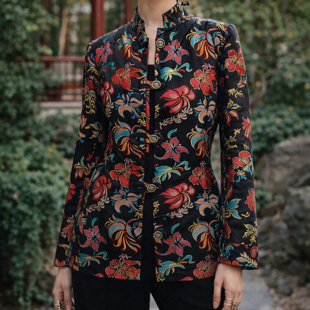 Silk Blend Asian Floral Statement Jacket Mandarin Collar Boho Evening Sz L NWT